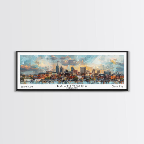 Baltimore Maryland Panoramic Painting, Watercolor Framed Canvas Print, Scenic City Art, Travel Poster, Home Decor, Wall Hanging, Office Wall Art