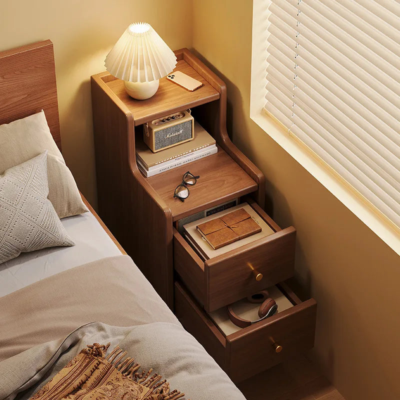 Modern New Chinese Style Nightstand - Narrow Solid Wood Bedside Table with Storage Drawer, Minimalist Bedroom Furniture