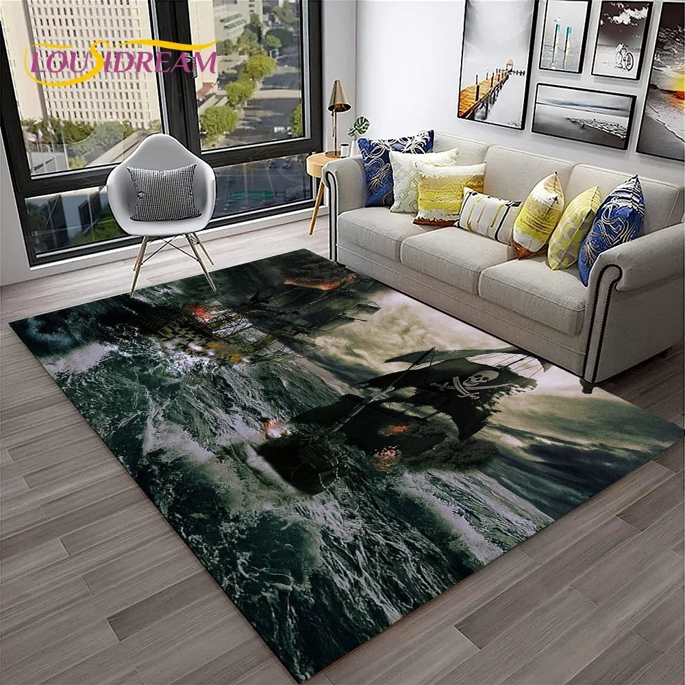 3D Pirate Ship Boat,Sailboat,Barque Carpet Rug for Home Living Room Bedroom Sofa Doormat Decor,kids Area Rug Non-slip Floor Mat