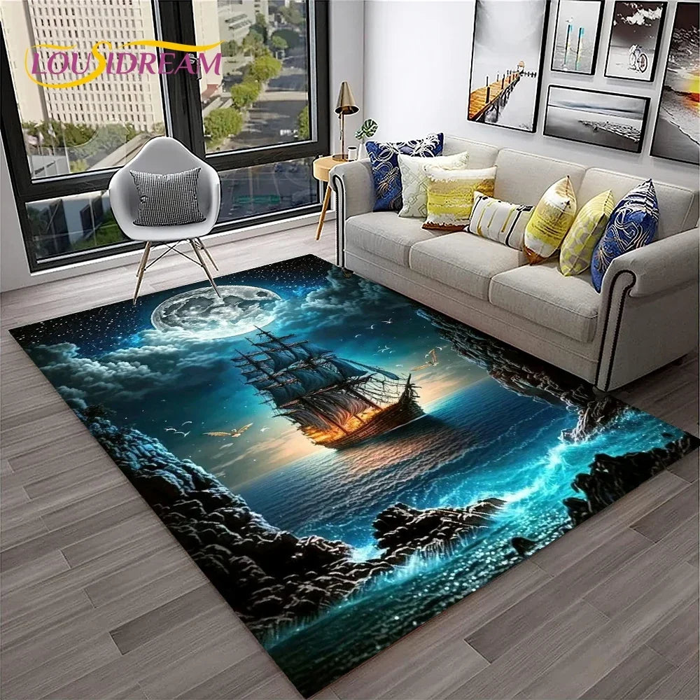 3D Pirate Ship Boat,Sailboat,Barque Carpet Rug for Home Living Room Bedroom Sofa Doormat Decor,kids Area Rug Non-slip Floor Mat