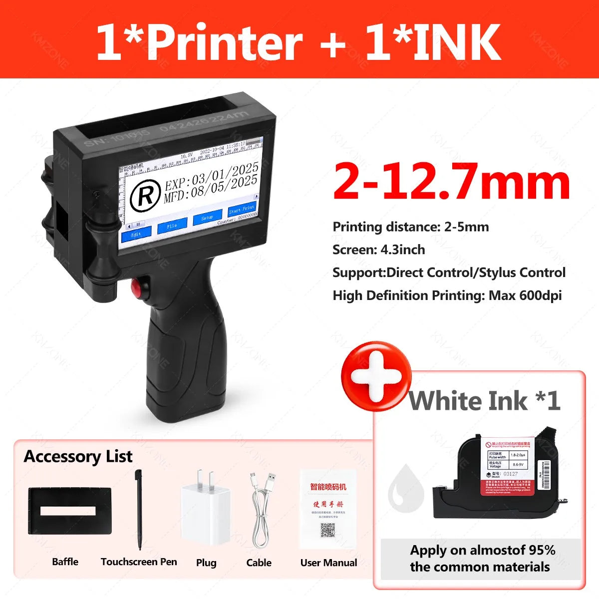 12.7mm Portable Inkjet Printer Handheld TIJ Maker Machine with ink Cartridge Image Picture Serial Number Edit Print