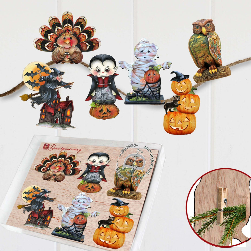 Happy Halloween Clip-On Eco Wood Decorative Ornaments Set of 6 by Jamie Mills-Price and G. Debrekht - Halloween Decor - 8090135C-S6