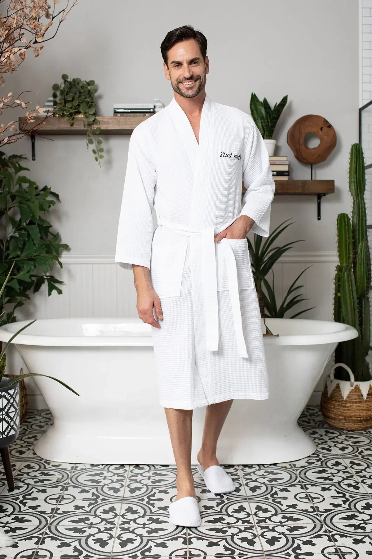 Waffle Spa Bathrobe for Men -  Absorbent, Lightweight