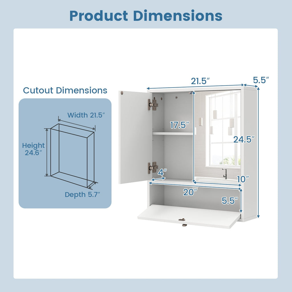 Double Door Wall-Mounted Bathroom Mirrored Medicine Cabinet-White